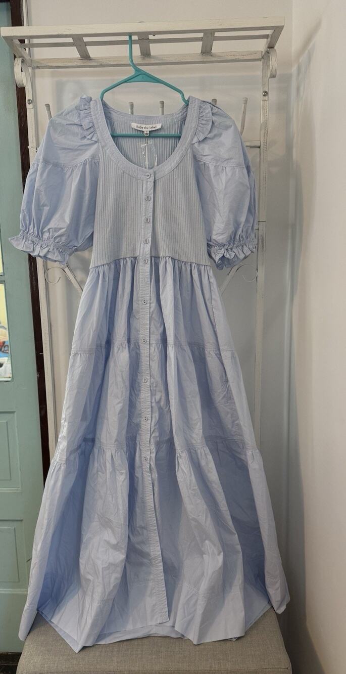 Sofie the label light blue maxi dress fluffy sleeves md preppy princess NWT